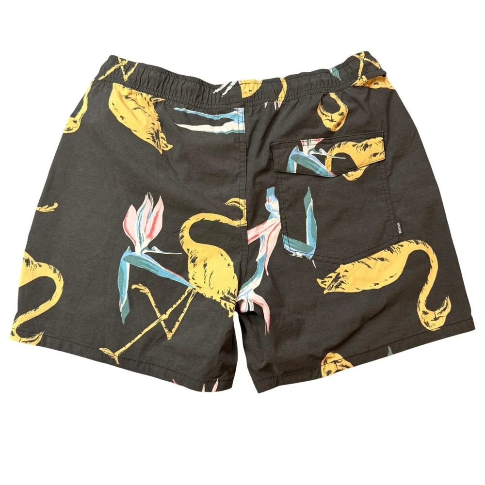 Brixton Mens‎ Flamingo Bird of Paradise Swim Trunks Black Tropical Shorts Large